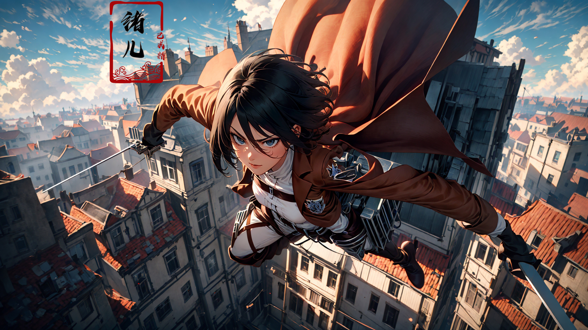 606247209521969450-478045645-Mikasa Ackerman (Attack on Titan), jumping out between two building,_stunning move,thrilling moment,high altitude,speedy,upside.jpg